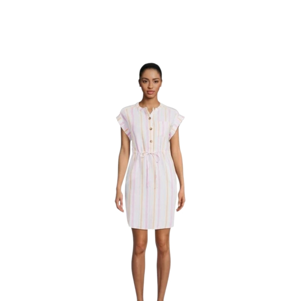 NWT White Pink Striped Dress with Capped Sleeves and Crew Neck